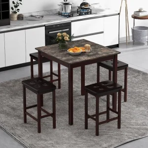 5 PCS Bar Table Set Square Dining Table & 4 PVC Leather Upholstered Bar Stools